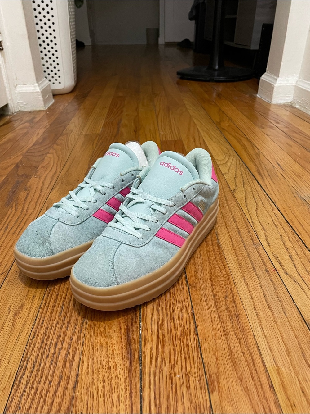 adidas Women's Mint Suede Sneakers with Pink Stripes and Gum Platform - Picture 4 of 9
